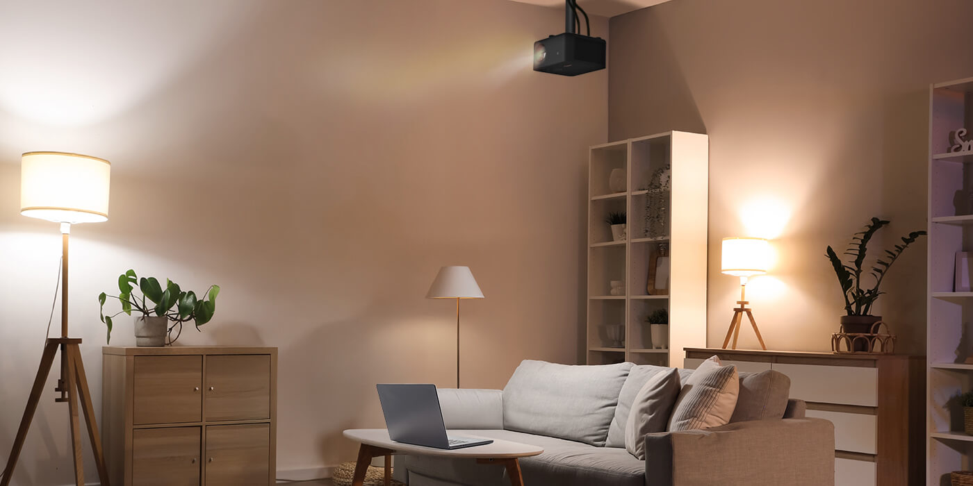 Optoma Photon Life 4K UHD projector securely installed on adjustable ceiling mount in living room