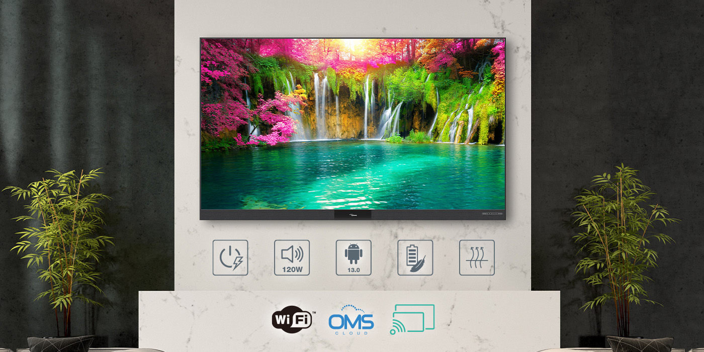 Optoma FHDC135 COB dvLED display showcasing smart features like OMS Cloud, Display Share, Android system and more