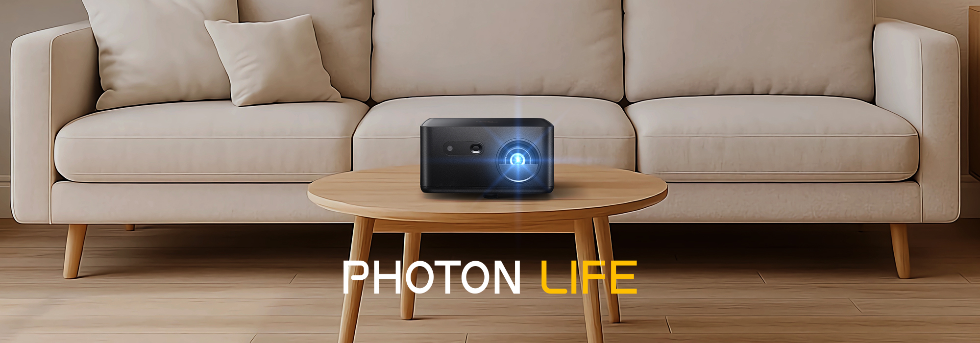 Compact 4K projector on coffee table in modern living room