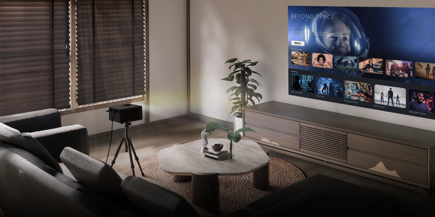 Optoma Photon Life 4K UHD projector mounted on tripod for flexible positioning