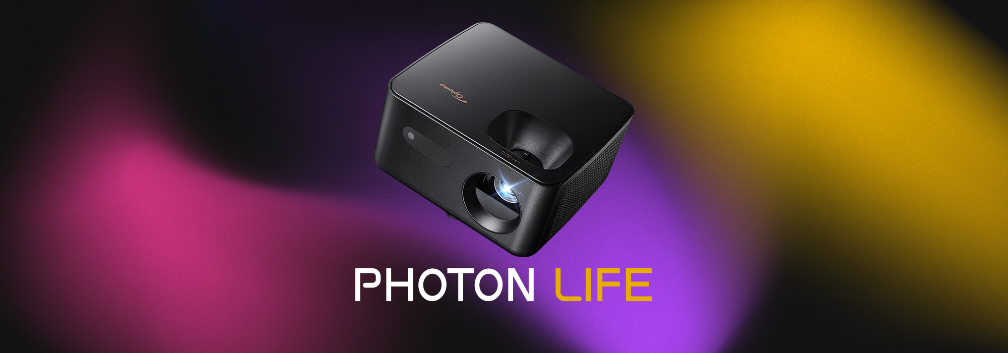 Optoma Photon Life 4K UHD projector on vibrant gradient background highlighting sleek design