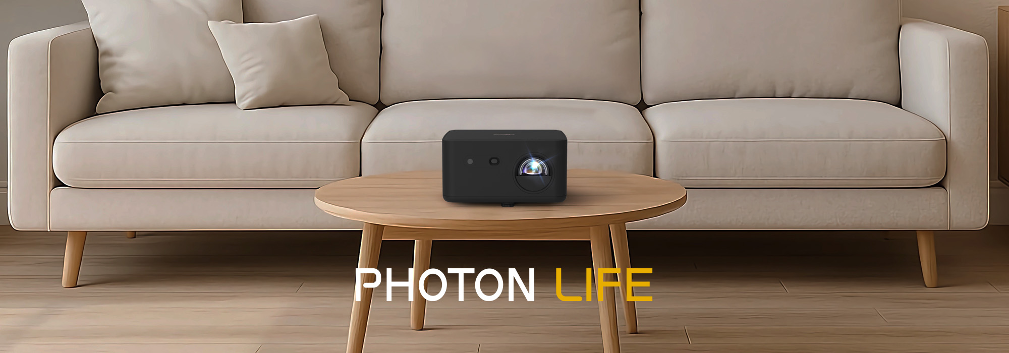 Compact 4K projector on coffee table in modern living room