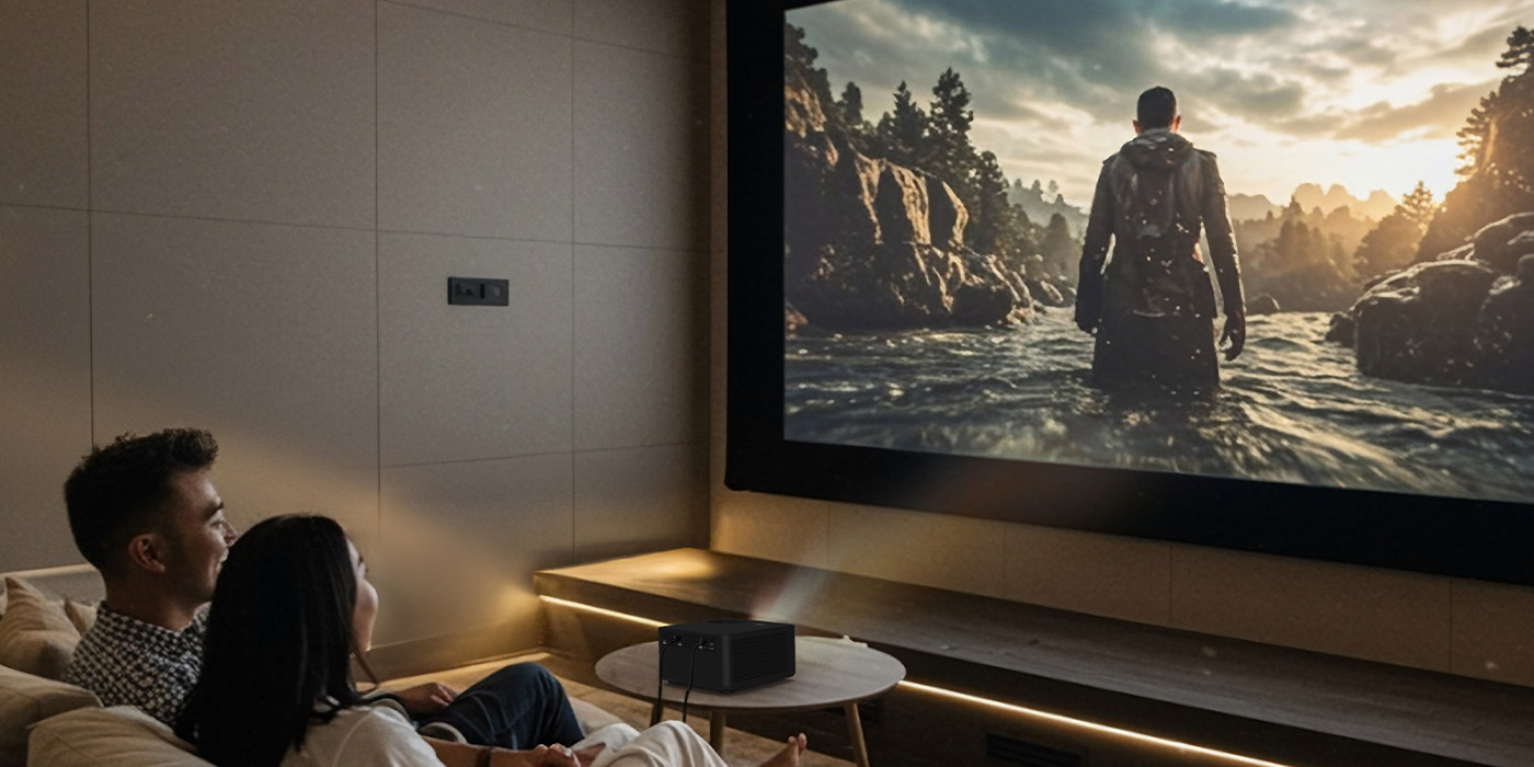 Optoma Photon Life 1080p FHD projector mounted on tripod for flexible positioning