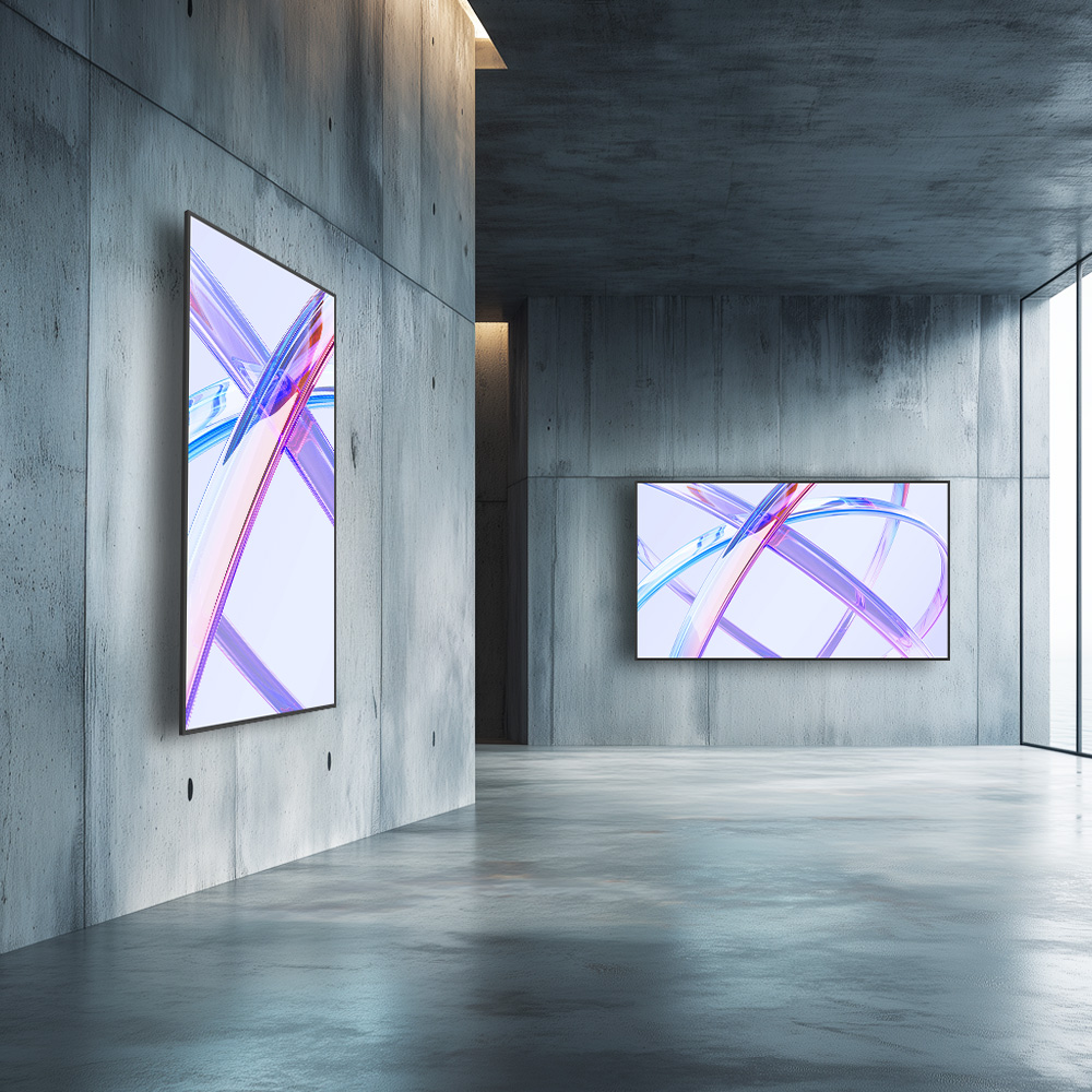 Optoma N3432K large flat panel displays mounted in portrait and landscape orientation for digital signage in a modern interior space