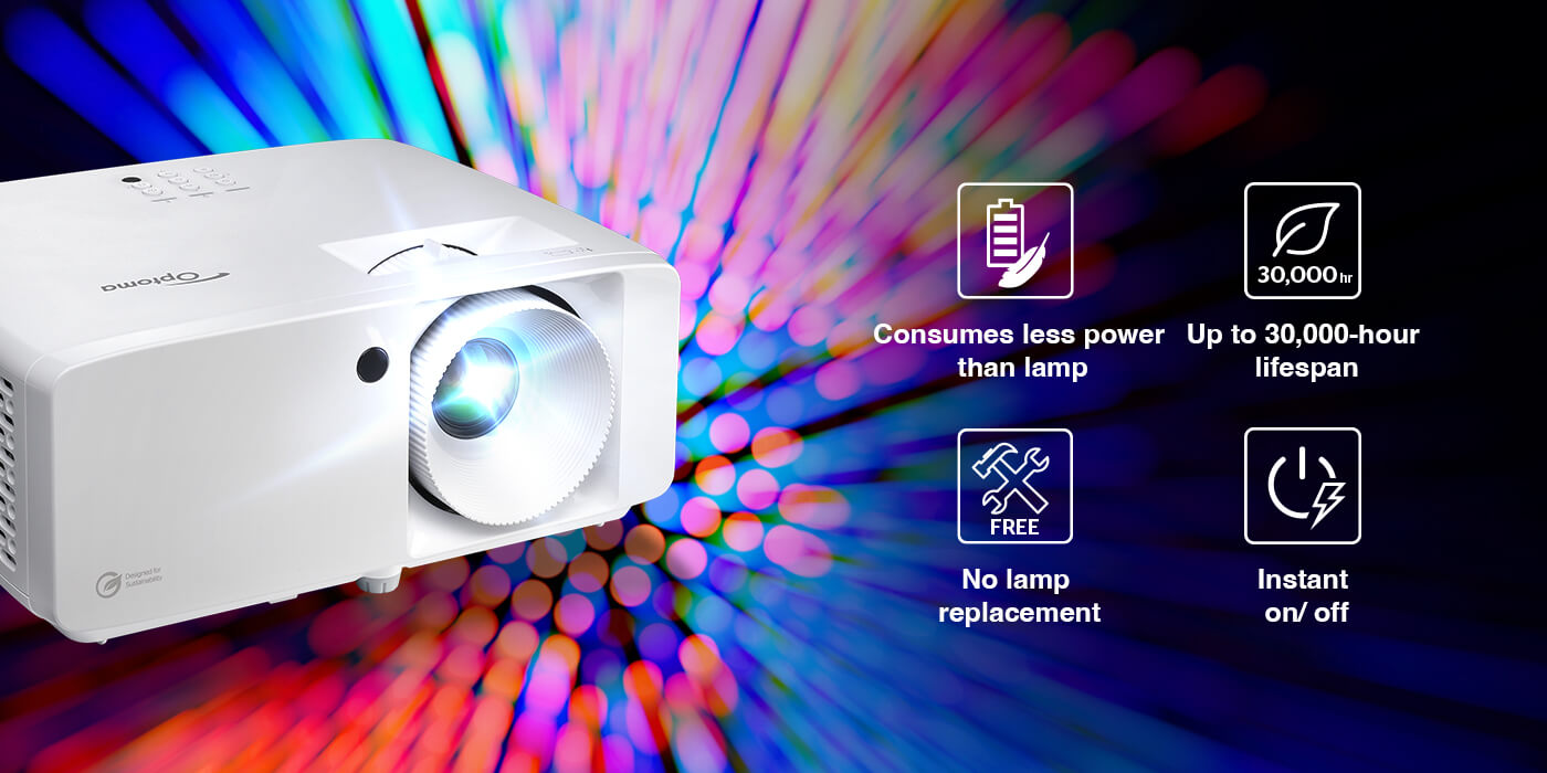 Optoma DuraCore Laser technology delivers consistent brightness, vivid colors, and up to 30,000 hours of lamp-free operation.