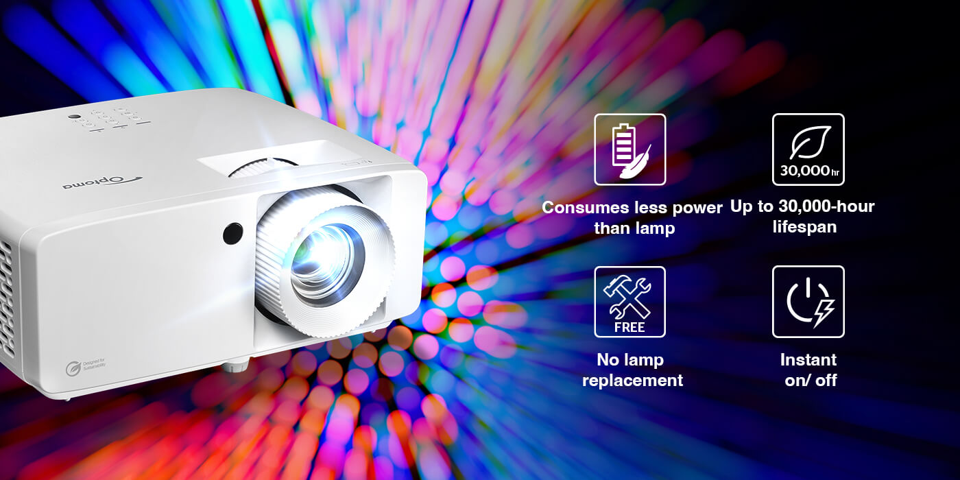 Optoma DuraCore Laser technology delivers consistent brightness, vivid colors, and up to 30,000 hours of lamp-free operation.